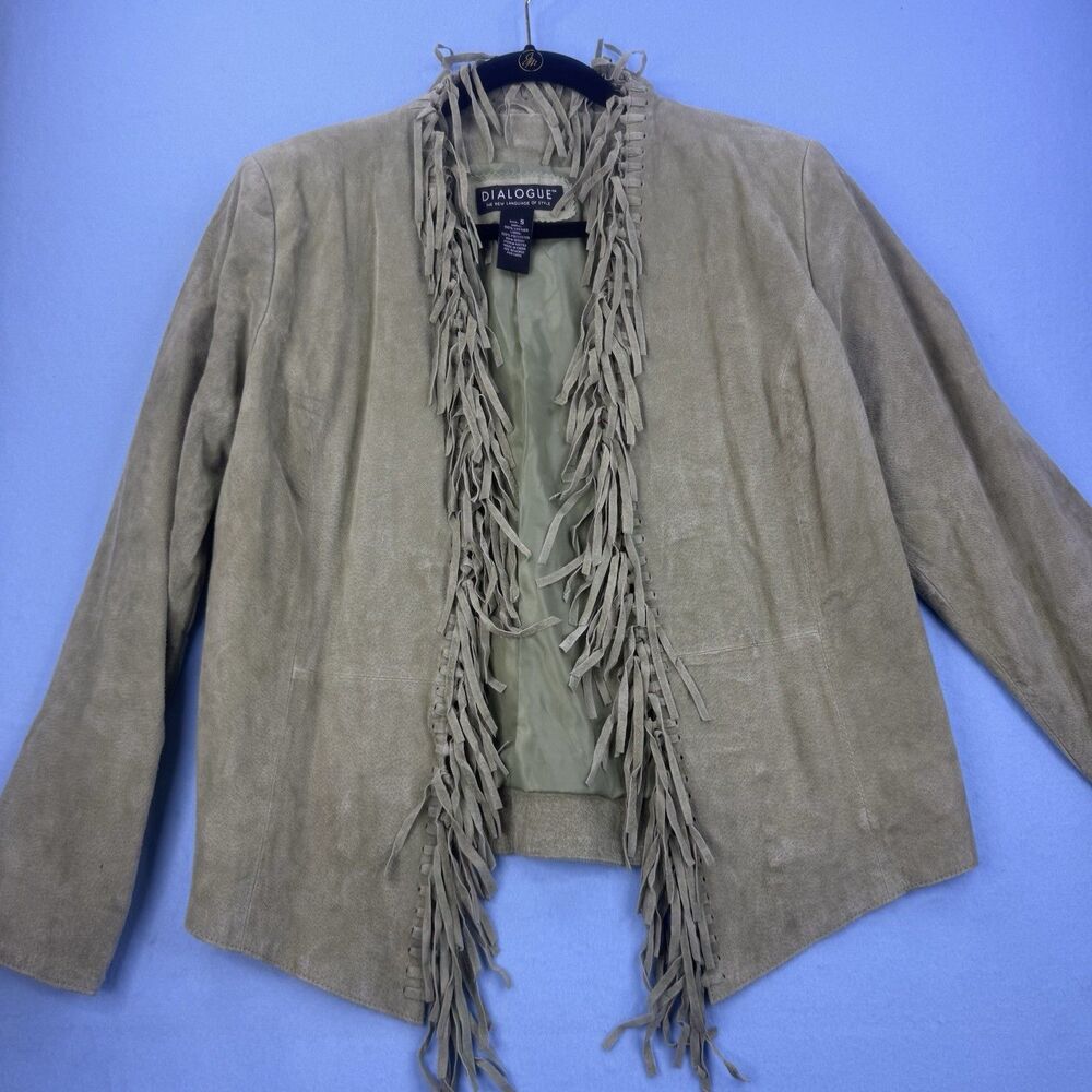 VTG Dialogue Green Suede Leather Fringe Jacket Size S 1168
